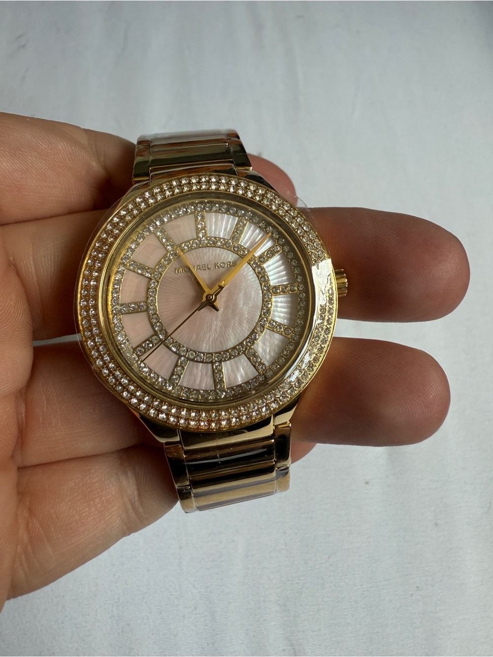 Michael Kors Gold-Tone Watch with Pink Mother-of-Pearl Dial and Crystal Accents